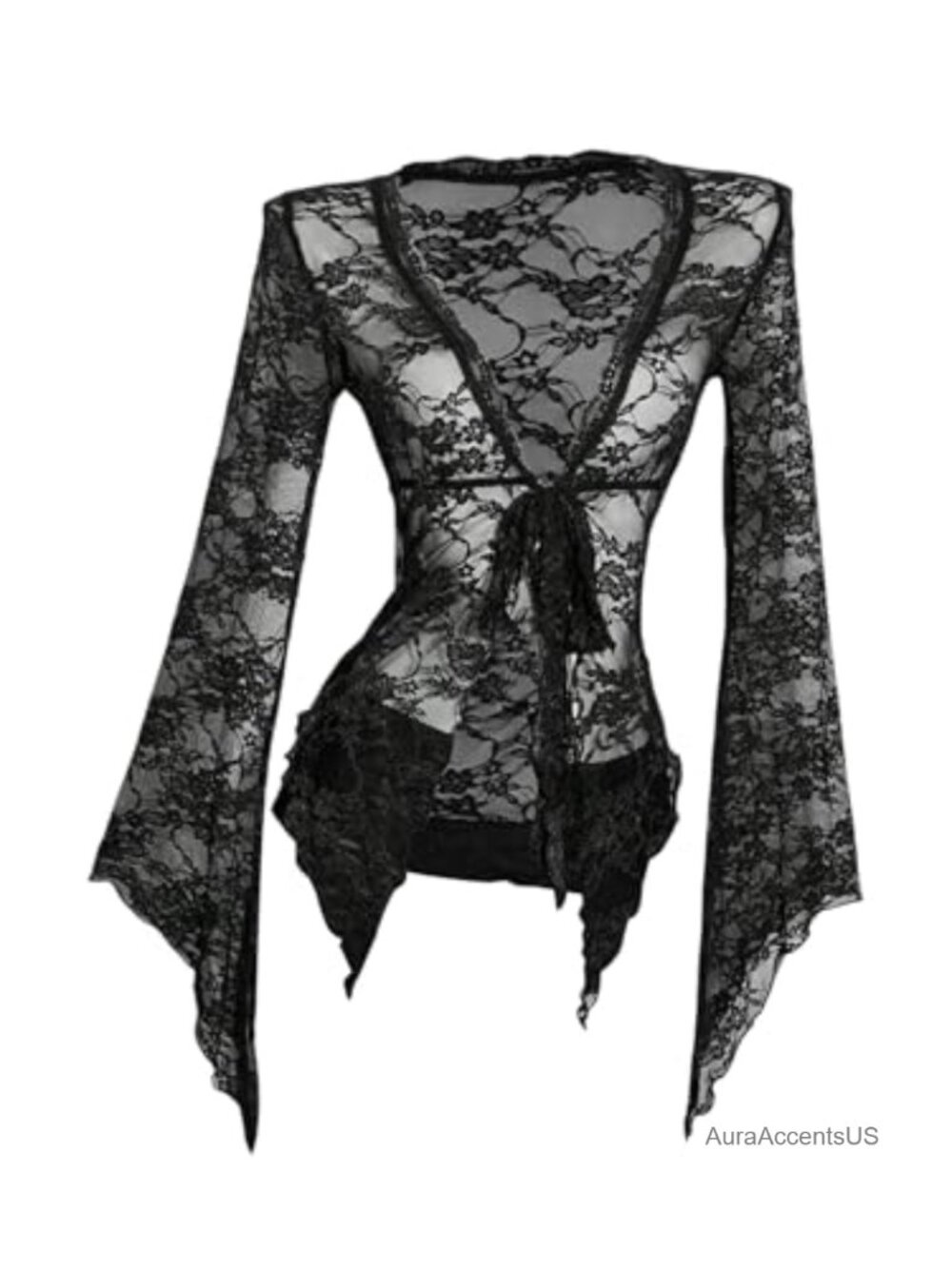 Sheer Floral Lace V-Neck Cardigan Tie Front Bell Sleeve Slim Fit